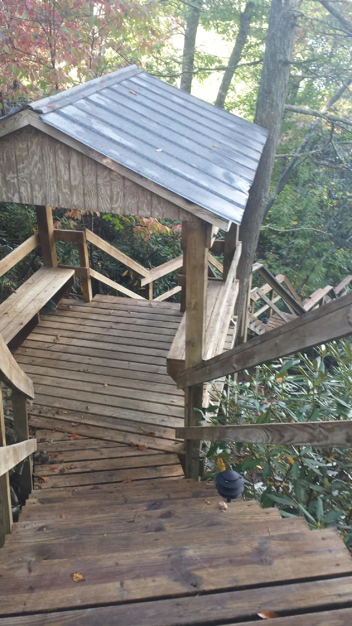 Metal roofed shelter over wooden steps on a wooded walkway — Skylight Repair & Installation work by our crew in Patricksburg